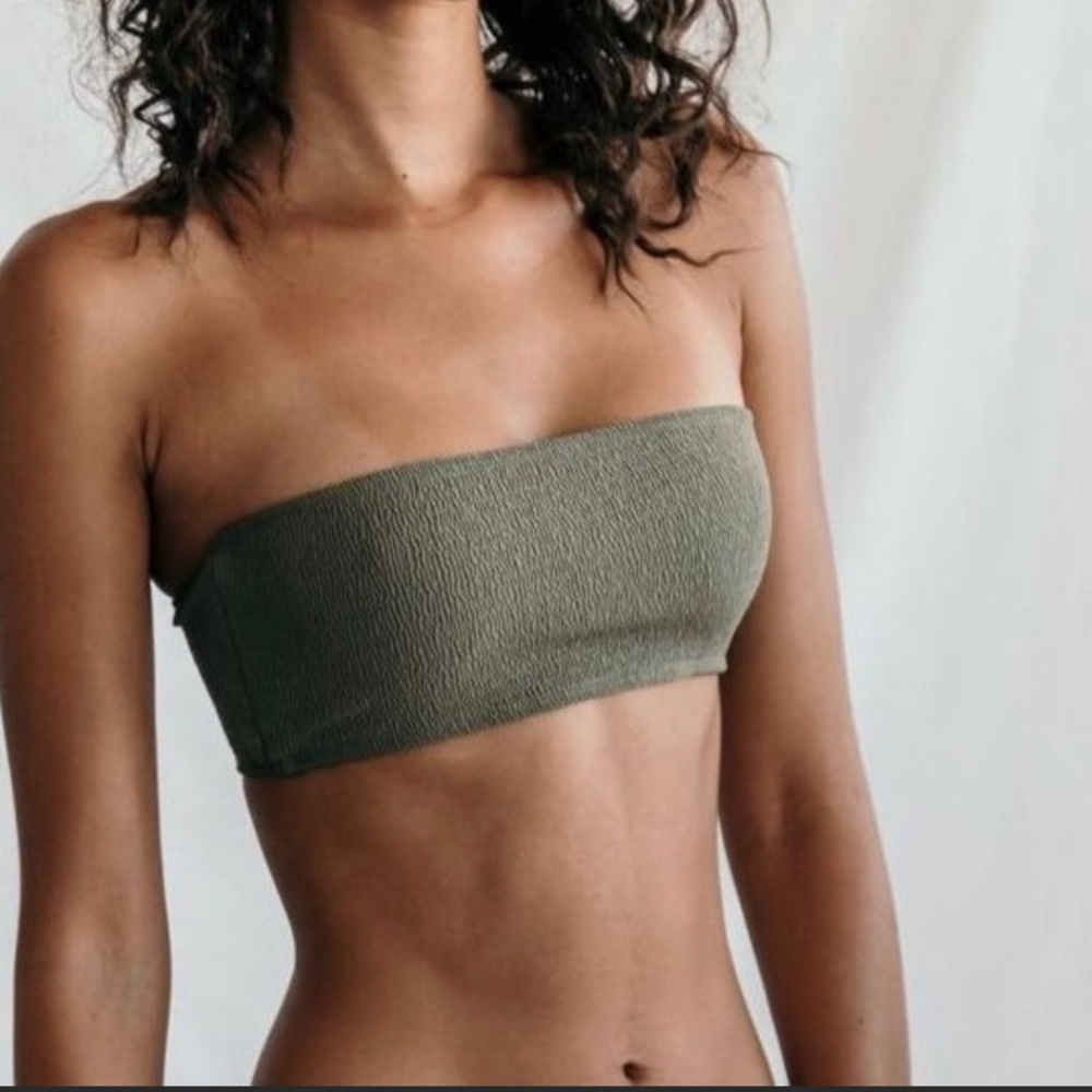 Khaki olive textured swim strapless bandeau top